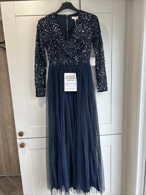 Maya Deluxe Damen Faux Wickel verziert Maxikleid Langarm marineblau UK 8
