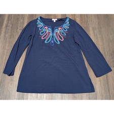Lilly Pulitzer Embroidered Tunic Top Long Sleeve Navy Blue Size M