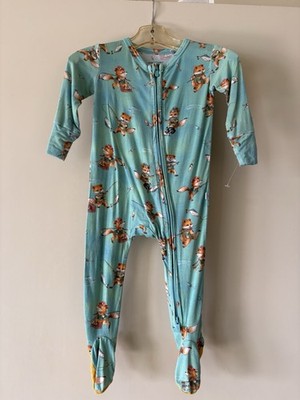 POSH PEANUT Bamboo Infant Green Fishing Raccoons Footed Romper 3-6 month