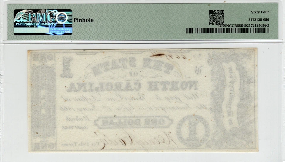 NC CR-88 1862 $1 North Carolina Paper Money - PMG Choice Uncirculated 64 CHOICE - Image 2 of 2