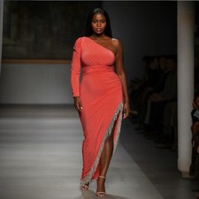 Mac Duggal 76989 Asymmetrical Rhinestone Fringe Cutout Dress Size 18W