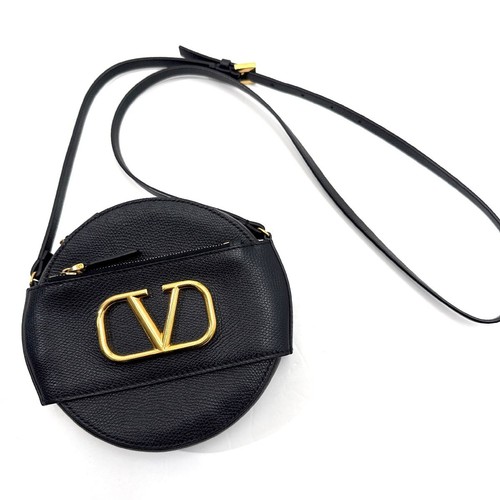 Valentino Garavani V Round Crossbody Bag Black Leather Women Used Authentic