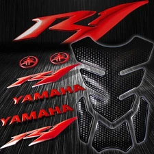 4PCs Black Fuel Tank Pad+6" Chrome Red Logo+Letter+for YZF-R1/R1S Emblem Sticker
