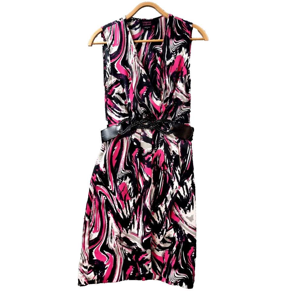 Wayne Cooper Dress Womens Wrap Size 8 Pink Black White Sleeveless V-Neck Belt
