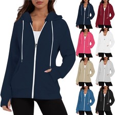 Ladies Casual Hooded Sweatshirt Winter Pocket Fleece Zipper Thumb Holes Tops BN