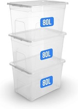 3x 80L Clear Plastic Storage Boxes with Clear Lids Home Office Kitchen Stackable