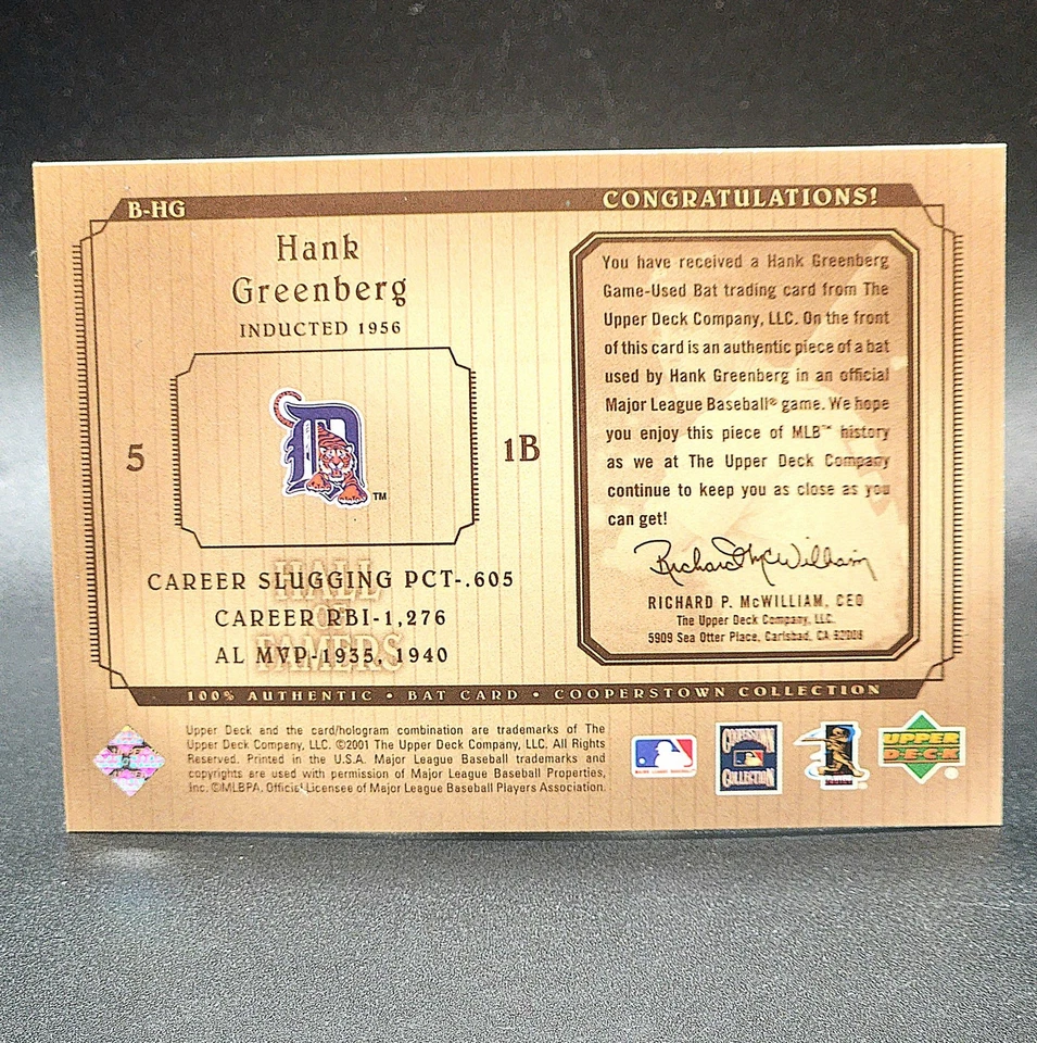 2001 Upper Deck Cooperstown Collection Hank Greenberg Game Used Bat Relic Tigers - Image 2 of 2