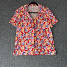 Vintage Sears Best Perma-Prest Floral Shirt Red Blue Yellow Pansy Print 70s L