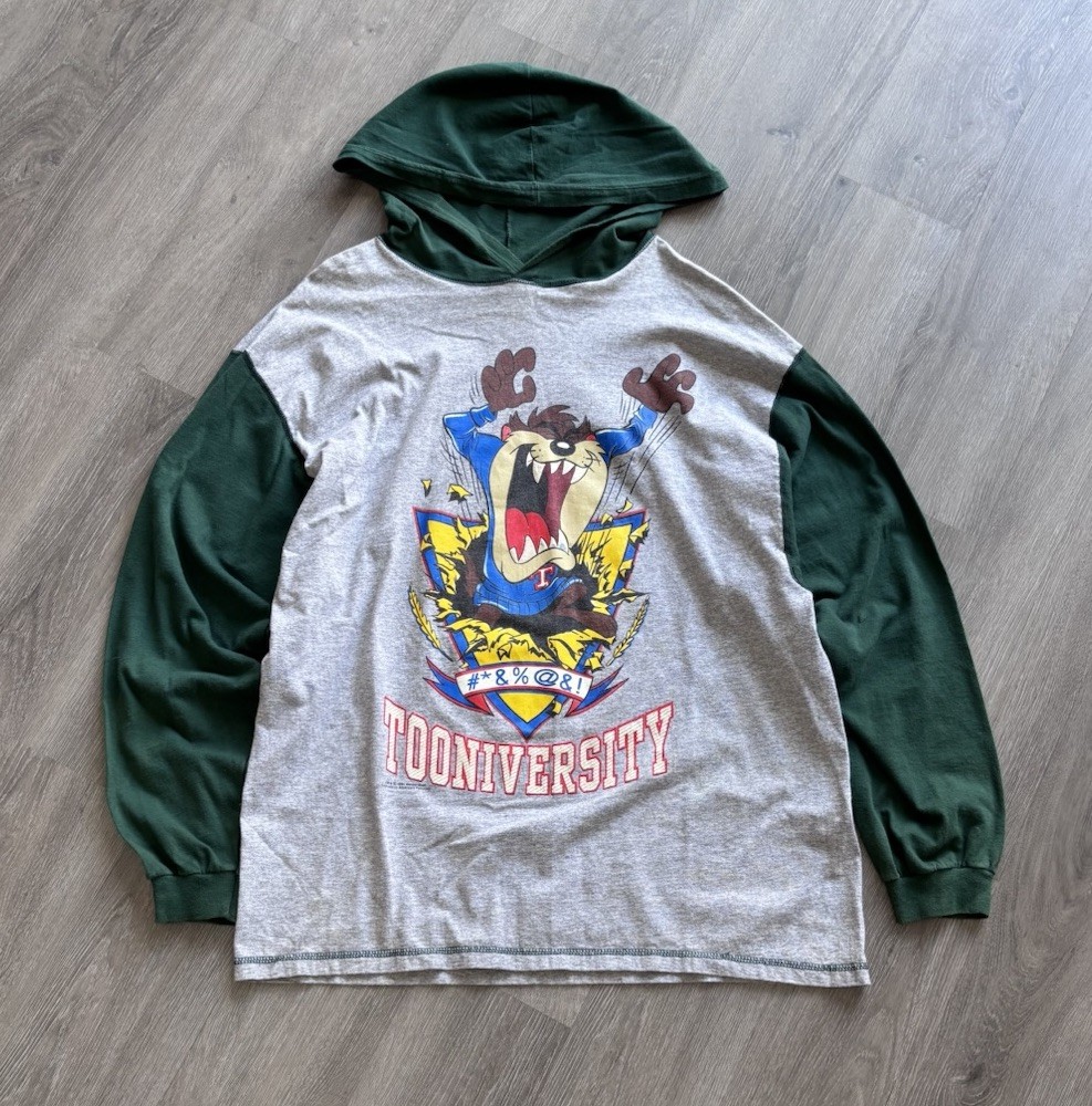 Vintage 90s Tasmanian Devil “Tooniversity” Hooded Long Sleeve Shirt Mens XL Rare