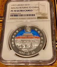 MACAU SILVER 1997 PF70 RETURN TO CHINA NGC LIBERIA S$10 PROOF EXTREMELY RARE