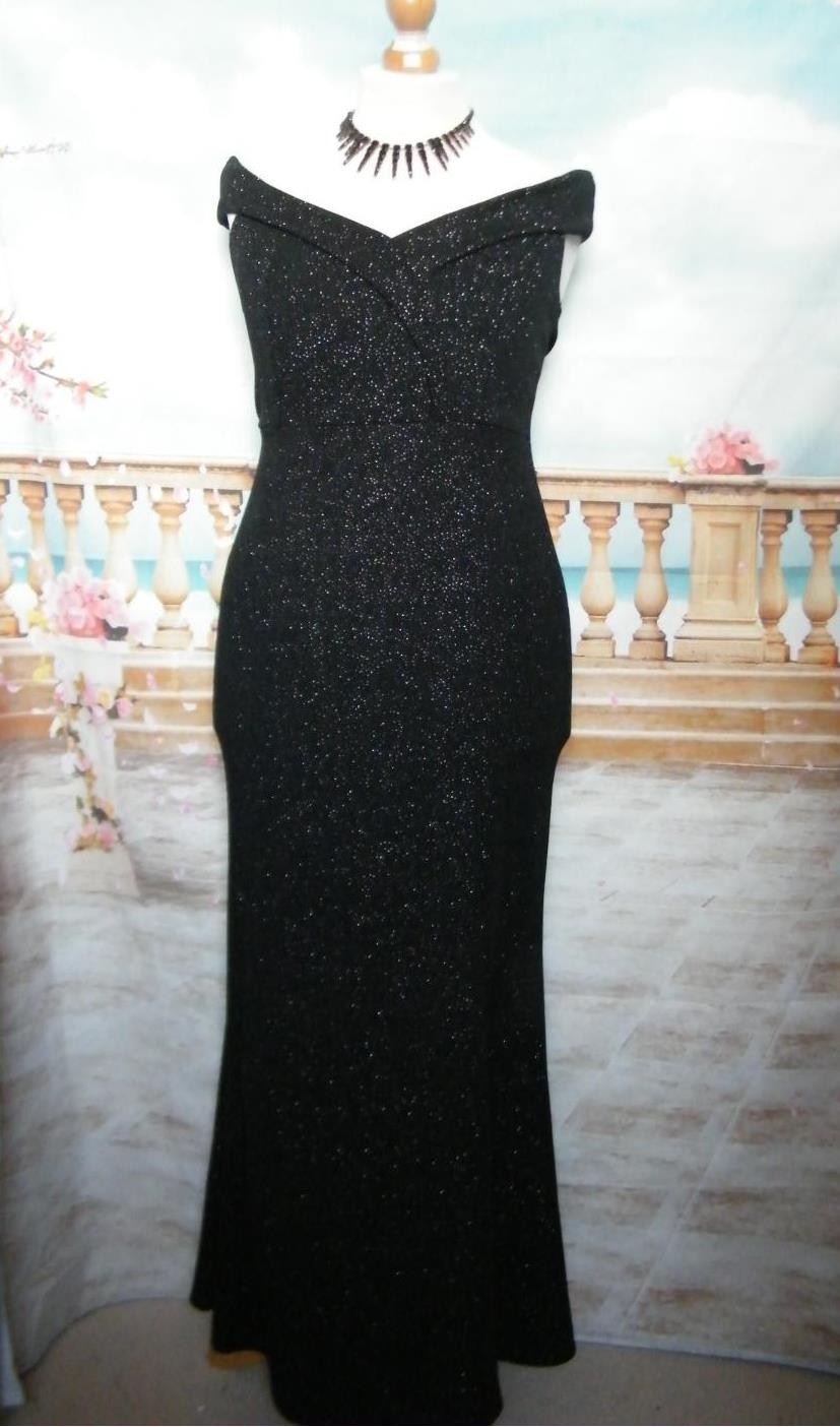 Dress 16 Black Silver Quiz Ballgown Prom Bardot Glitter Stretch Fishtail Maxi