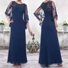 Navy Blue Mother of the Bride Dress O-Neck Chiffon A-Line Cape Half Sleeve Lace