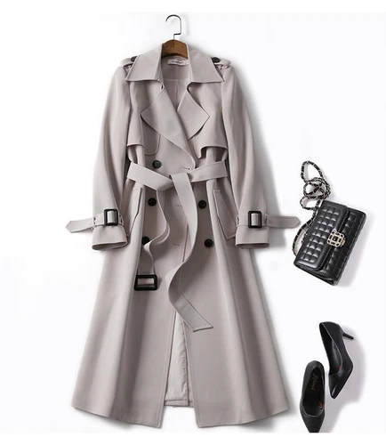 Women's Double Breasted Long Trench Coat Windproof Classic Lapel Belted Overcoat - Picture 3 of 25