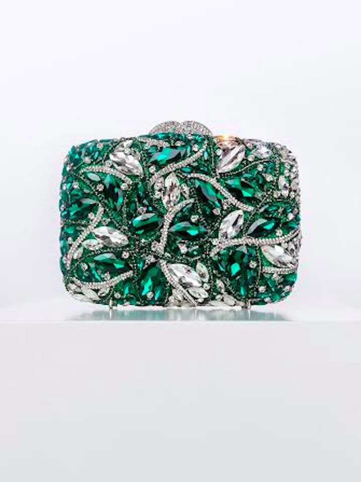 Bolso sin asas con estrás de cristal verde esmeralda, bolso sin asas con diamantes verdes, cristal glamoroso Foto 2 de 4