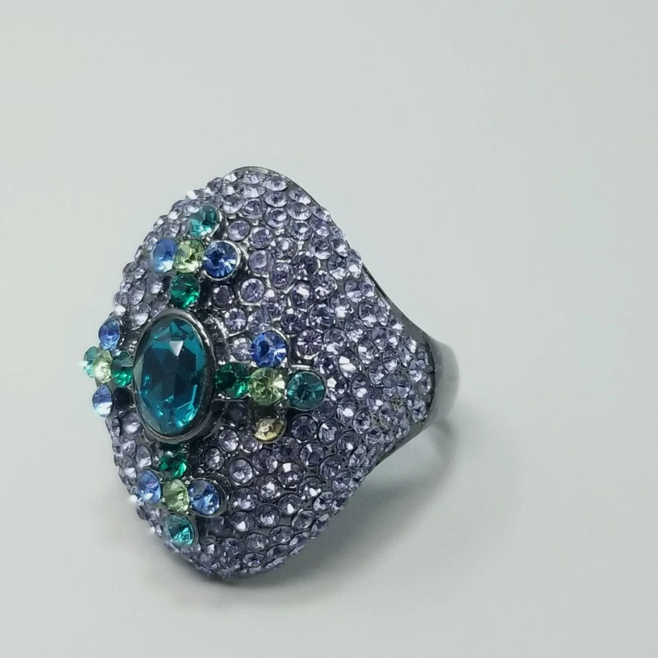 Akkad Guntone Metal Purple Green Blue Rhinestone Cocktail Ring Size 10 - Image 2 of 4