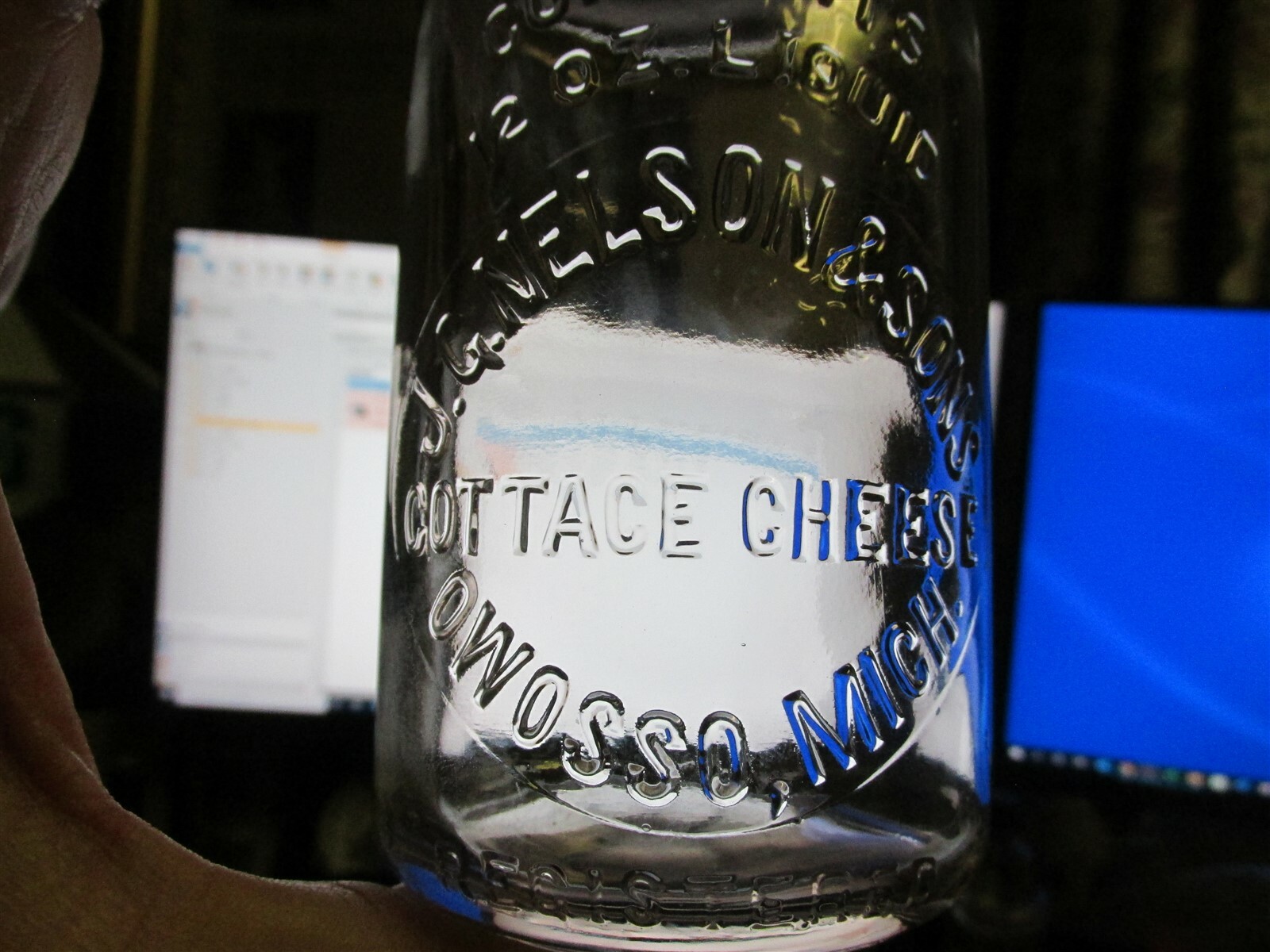 Owosso, Mich. J.G. Nelson & Sons Cottage Cheese Jar MICHIGAN MI Milk Bottle