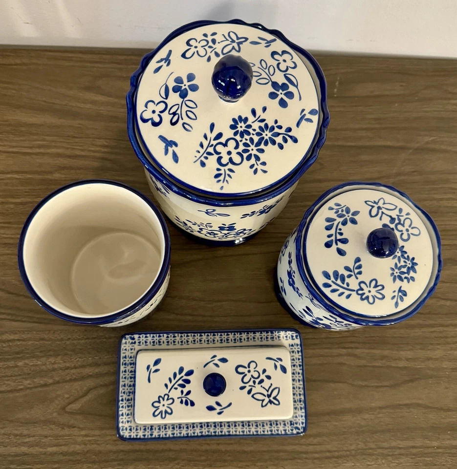 LOT OF 4! Meritage Botany & Navis Ceramic Canisters Butter Dish & Utensil Holder - Image 2 of 4