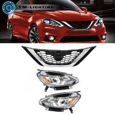 For Nissan Sentra 2016-2018 Front Upper Grille&Pair Halogen Headlight Headlamp
