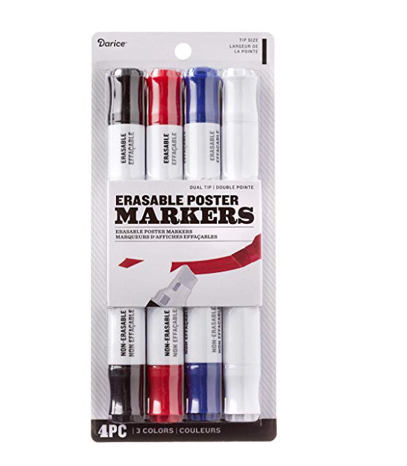 Darice 30066403 Dual-Tip Assorted Colors, 4 Pieces Erasable Marker