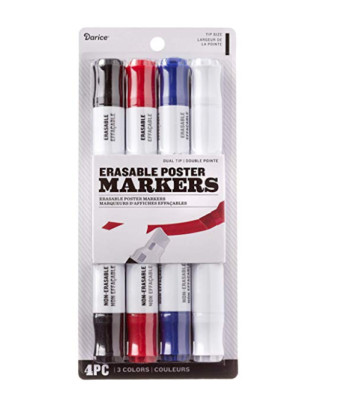 Darice 30066403 Dual-Tip Assorted Colors, 4 Pieces Erasable Marker