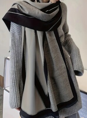 Acrylic Geometric Pattern Shawl Scarf Black Fringe New Free Ship 72''x25''