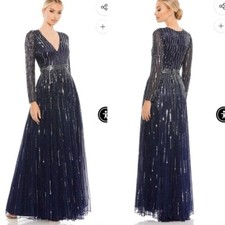 Mac Duggal | Navy Sequined Illusion Long Sleeve Gown NWT