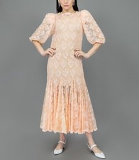 Vintage Pink Floral Lace Dress Small Puff Sleeve Summer Formal Midi Ruffle Dress