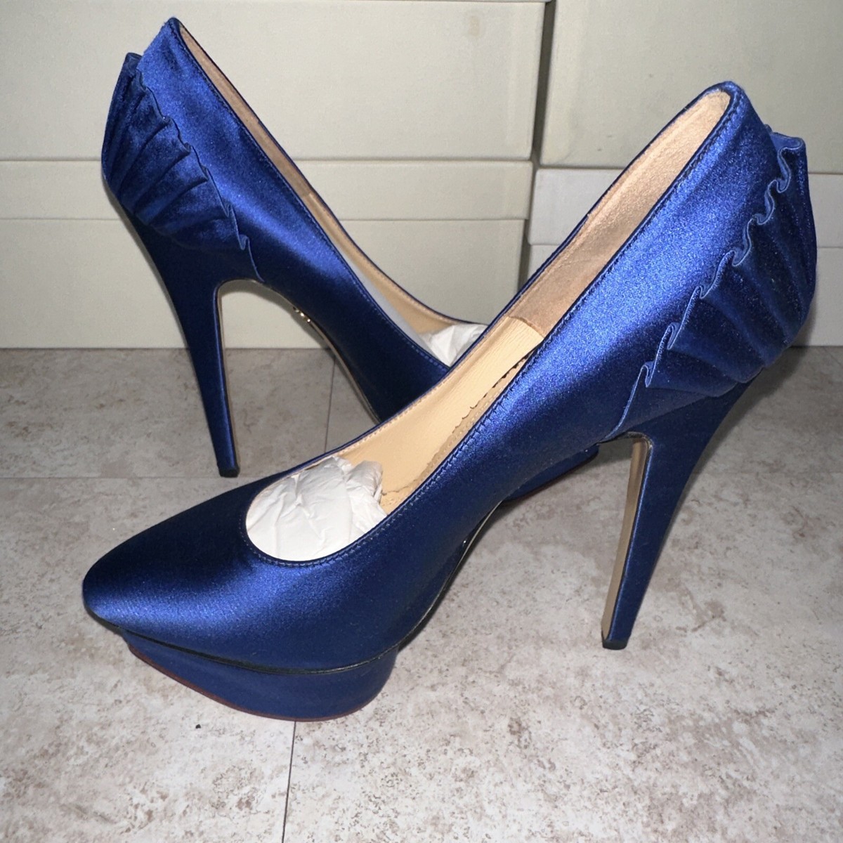 CHARLOTTE OLYMPIA PALOMA BLUE SILK SATIN PLATFORM PUMPS 36 NIB W/ Tights  Heels