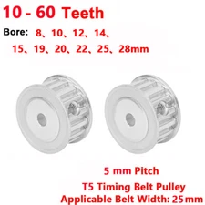 T5 25mm Timing Belt Drive Pulley 10 12 15 20 25 30 35 40 50 60 Teeth 5-24mm Bore