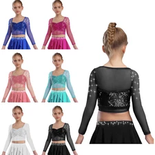 Girl's Illusion Mesh Shiny Sequins Rhinestones Corset Crop Top Dance Performance