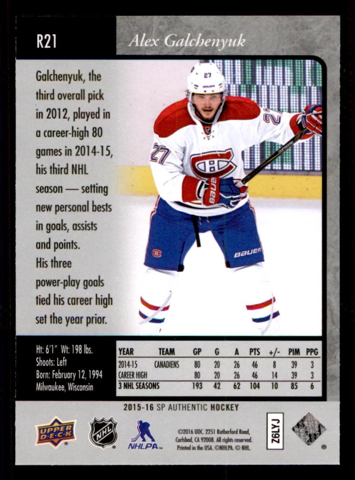 2015-16 SP Authentic '95-96 SP Retro #R21 Alex Galchenyuk - Image 2 of 2
