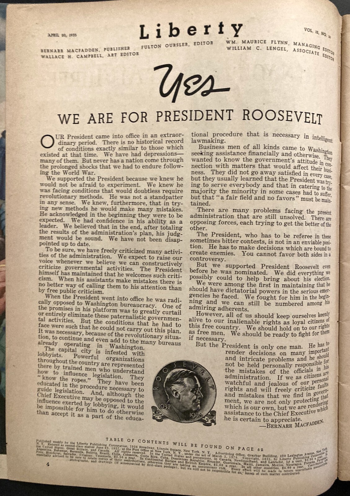 1935 "LIBERTY" MAGAZINE 4/20 BASEBALL COVER w/PREVIEW BY FORD FRICK, BOXING, FDR