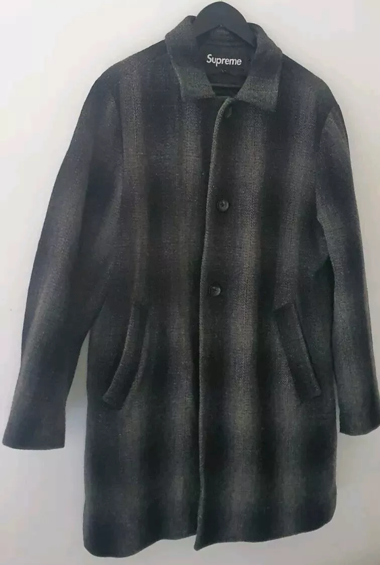 FW16 Supreme Shadow Plaid Woolrich Wool Overcoat Charcoal L Large Coat