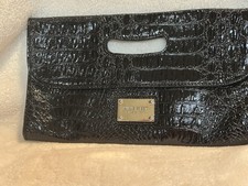 NINE WEST Evening Faux Black Patent Leather Foldover Clutch Bag