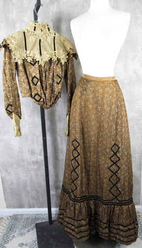 Antique Victorian 1890s Brown & Blue Silk Floral Calico Print Dress Maxi Vintage