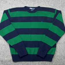 Vtg Polo Ralph Lauren Knit Sweater Mens XL Blue Green Rugby Stripe Hong Kong