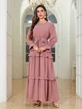 Arab Dress Solid Color Long Sleeve Maxi Abaya Muslim Women Kaftan Evening Gown