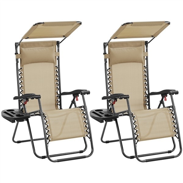 2PCS Zero Gravity Chair Foldable Patio Lounge with Sunshade/Cupholder/Pillow B