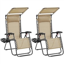 2PCS Zero Gravity Chair Foldable Patio Lounge with Sunshade/Cupholder/Pillow B