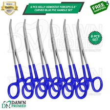 6 Pcs Kelly Hemostat Forceps 5.5" Curved With Blue PVC Handle Surgical Set