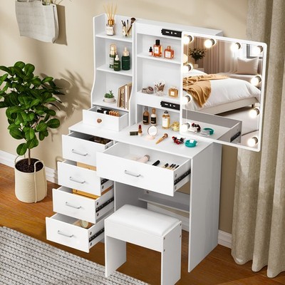 Wooden Dressing Table Makeup Vanity Desk with Mirror Stool Home Bedroom Decor