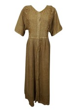 Vintage Boho Embroidered Maxi Dress Olive Tan Button-Front Duster Dress L