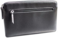 Borsa Portadocumenti Portamonete in Vera Pelle Nera Con 2 Scomparti Con Cerniera