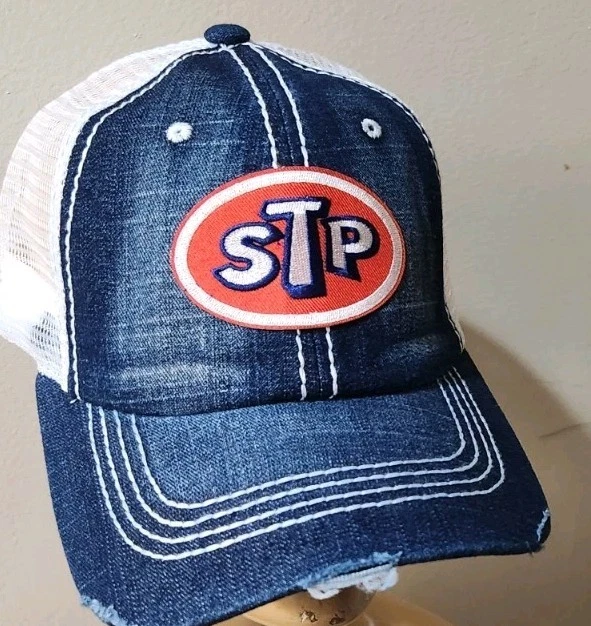 STP Racing Trucker Hat Distressed Baseball Cap Denium & White Mesh