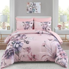 Floral Comforter Set King Size 7 Piece Blush Pink Flower Bed in a Bag Elegant