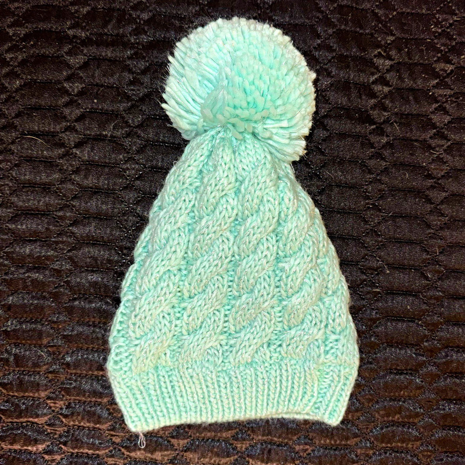 Mint Cable Knit Pom Pom Beanie Hat Lined One Size Kids
