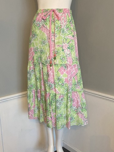 Vintage Lilly Pulitzer Tiered Prairie Skirt Pink Green Giraffe Beaded Womens M