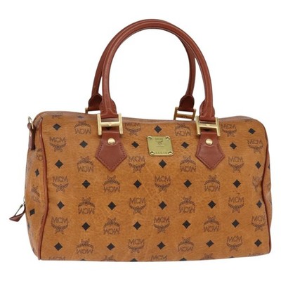 MCM Logogram Vicetos Boston Bag PVC Leather Brown Gold Auth gh901