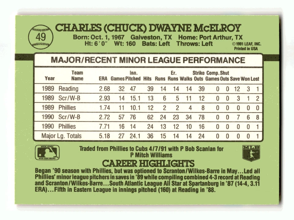 Chuck McElroy 1991 Donruss The Rookies #49 Chicago Cubs Mint - Image 2 of 2