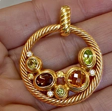 David Yurman 18K Yellow Gold Diamond Gemstone Pendant Mint 1.7” 14g